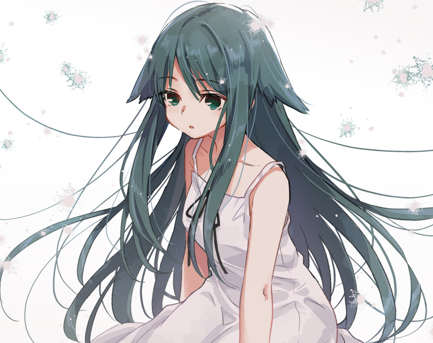 1girl dress green_eyes green_hair hair_flaps highres long_hair matsuda_hikari saya saya_no_uta solo sundress very_long_hair white_dress