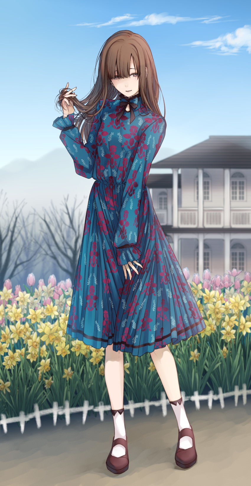 1girl absurdres bangs bare_tree black_bow blue_dress blurry bow brown_eyes brown_hair cloud commentary_request depth_of_field dress floral_print flower full_body highres idolmaster idolmaster_cinderella_girls loafers long_hair long_sleeves looking_at_viewer mansion mizumoto_yukari outdoors parted_lips shoes sky smile solo standing toshio tree tulip