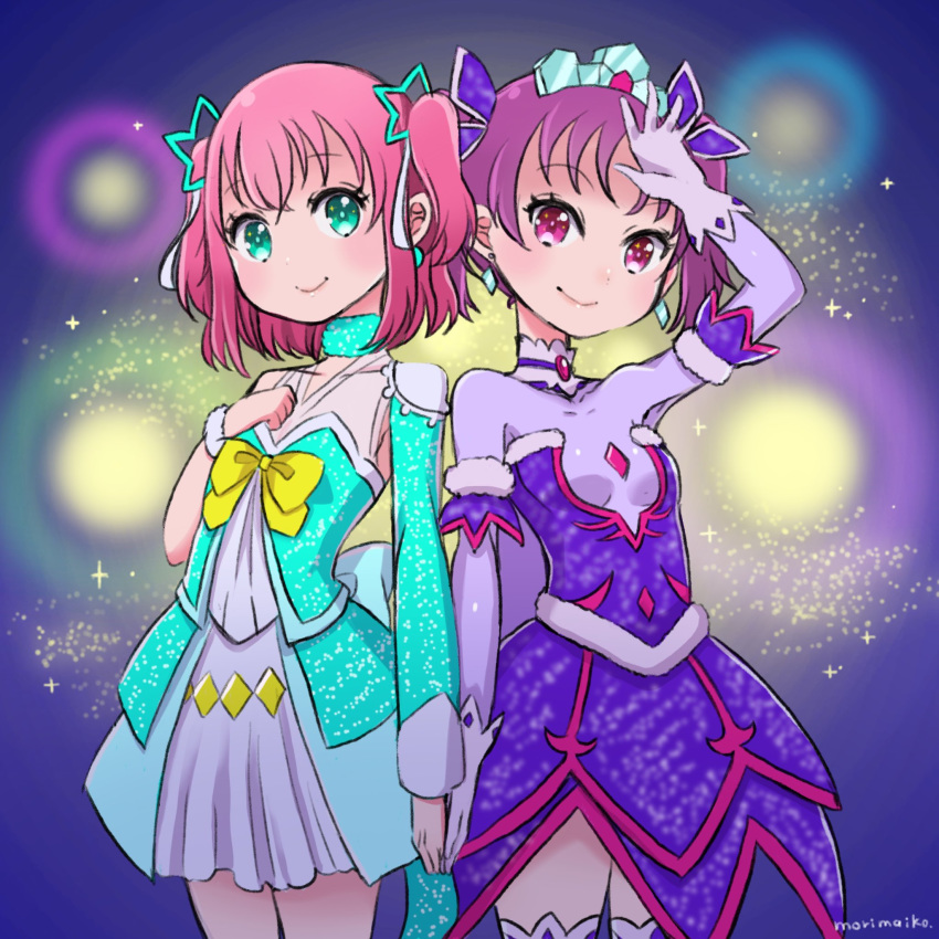 2girls aqua_dress aqua_eyes artist_name awakened_miki bangs blue_dress bow bowtie clenched_hand commentary_request dress earrings fur_trim hair_ornament hair_ribbon hand_holding hand_on_own_chest hand_on_own_forehead highres hoshii_miki jewelry kazuno_leah kurosawa_ruby long_sleeves looking_at_viewer love_live! love_live!_sunshine!! morimaiko multiple_girls overskirt purple_eyes red_hair ribbon single_sleeve smile star star_hair_ornament tiara twintails two_side_up white_ribbon yellow_neckwear