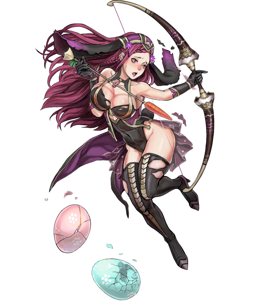 1girl animal_ears arrow bangs bare_shoulders black_gloves black_leotard boots bow_(weapon) braid breasts bunny_tail cleavage collarbone egg elbow_gloves fake_animal_ears fire_emblem fire_emblem_heroes full_body gloves high_heels highres holding holding_bow_(weapon) holding_weapon large_breasts leotard lips lipstick loki_(fire_emblem_heroes) long_hair looking_away makeup nintendo official_art open_mouth parted_bangs purple_eyes purple_hair shiny shiny_skin solo tail thigh_boots thighhighs thighs toshiyuki_kusakihara transparent_background weapon