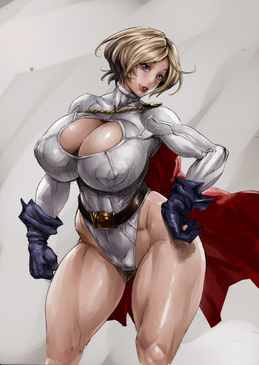 1girl bare_legs blonde_hair bonten boots breasts cape cleavage cleavage_cutout curvy dc_comics erect_nipples female highleg highleg_leotard highres huge_breasts leotard looking_at_viewer nipples no_bra power_girl shiny shiny_skin short_hair sketch smile solo standing thong_leotard