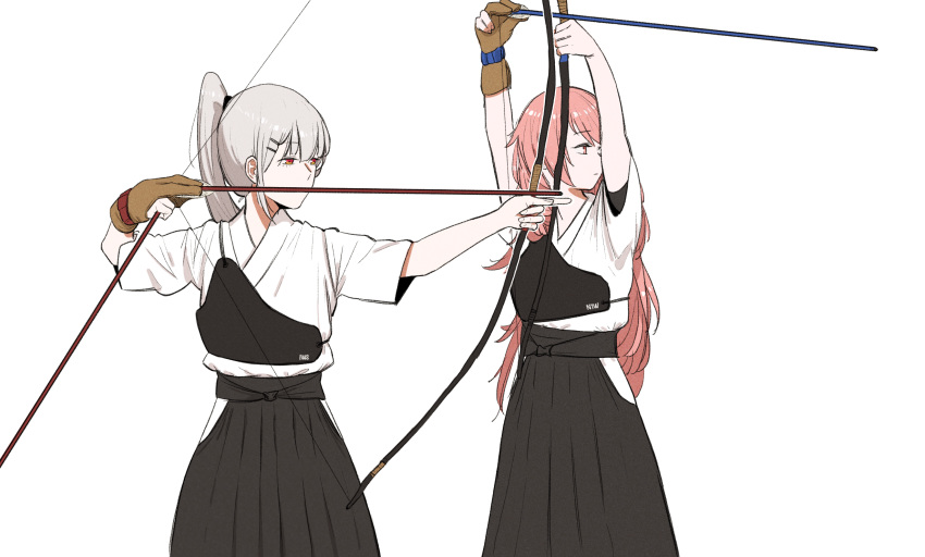 2girls archery arrow bow_(weapon) character_request girls_frontline gloves hakama highres huqu iws-2000_(girls_frontline) japanese_clothes kyuudou long_hair multiple_girls muneate orange_eyes orange_hair ponytail silver_hair single_glove tied_hair weapon white_background
