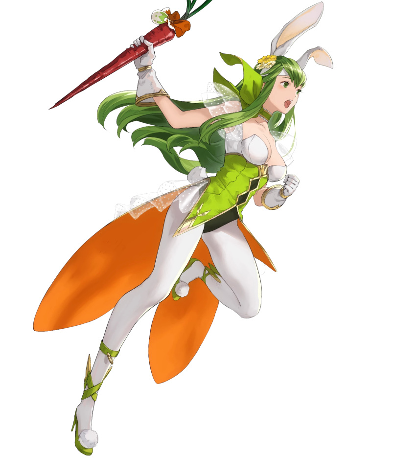 1girl animal_ears bangs breasts bunny_tail carrot choker fake_animal_ears fire_emblem fire_emblem:_monshou_no_nazo fire_emblem_heroes food full_body gloves green_eyes green_footwear green_hair hair_ornament headband high_heels highres holding leg_up leotard long_hair mayo_(becky2006) medium_breasts nintendo official_art pantyhose paola pom_pom_(clothes) see-through sleeveless solo tail transparent_background white_gloves