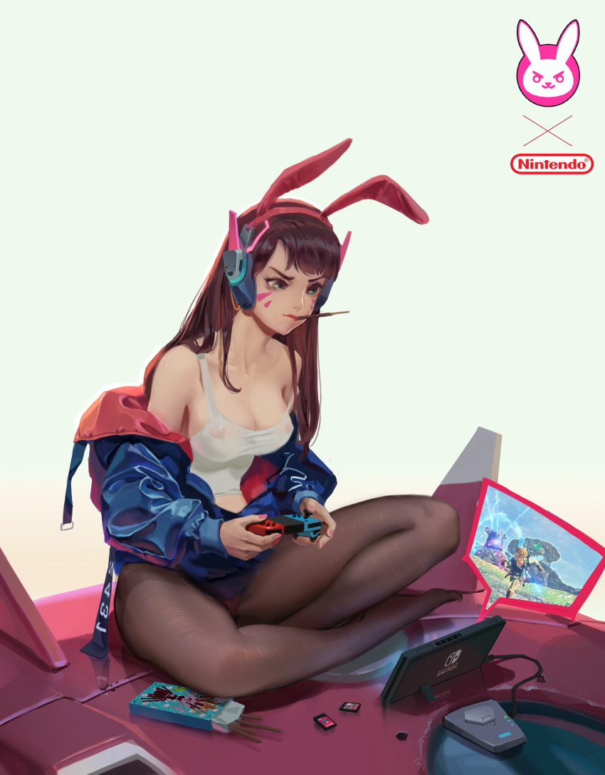 1girl absurdres animal_ears bangs beige_background blue_jacket box breasts brown_eyes brown_hair brown_legwear bunny_ears cartridge chen_hg cleavage collarbone controller copyright_name d.va_(overwatch) emblem erect_nipples facepaint facial_mark fake_animal_ears food food_in_mouth full_body furrowed_eyebrows game_console game_controller gradient gradient_background green_background headphones highres holding indian_style indoors jacket legs_crossed logo long_hair long_sleeves mecha medium_breasts meka_(overwatch) midriff mouth_hold nintendo nintendo_switch nose off_shoulder overwatch panties panties_under_pantyhose pantyhose pink_lips pink_panties playing_games pocky shirt sitting sitting_on_mecha sleeveless sleeveless_shirt solo strap_gap strap_slip swept_bangs tank_top thighband_pantyhose underwear whisker_markings white_shirt