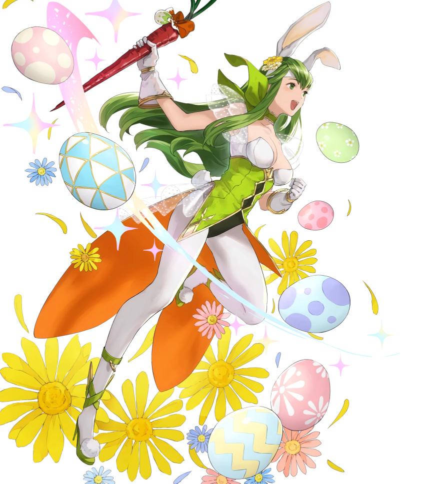 1girl animal_ears bangs breasts bunny_ears bunny_tail carrot choker fake_animal_ears fire_emblem fire_emblem:_monshou_no_nazo fire_emblem_heroes food full_body gloves green_eyes green_footwear green_hair hair_ornament headband high_heels highres holding leg_up leotard long_hair mayo_(becky2006) medium_breasts nintendo official_art pantyhose paola pom_pom_(clothes) see-through sleeveless solo tail transparent_background white_gloves