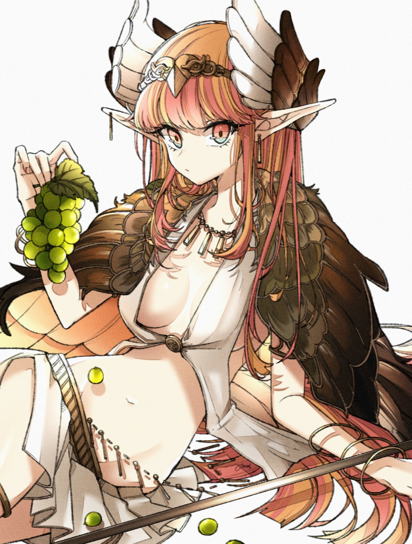 1girl breasts circe_(fate/grand_order) earrings fate/grand_order fate_(series) food fruit gradient_eyes grapes highres holding holding_food holding_fruit jewelry long_hair medium_breasts multicolored multicolored_eyes navel osanai pink_hair pointy_ears staff winged_hair_ornament wings