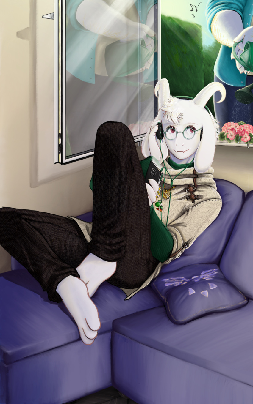 3_toes asgore_dreemurr asriel_dreemurr barefoot boss_monster bovid caprine clothing delta_rune deltarune flower flowersofsakura hi_res horn long_ears mammal mario_bros nintendo plant red_eyes reflection sitting sofa tagme toes undertale video_games window yoshi