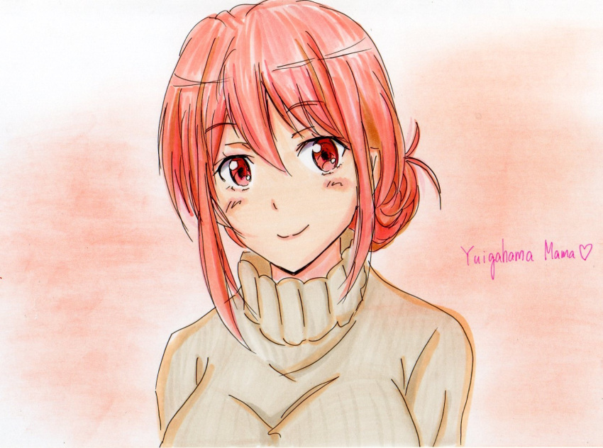 1girl brush highres looking_at_viewer magic_trick marker_(medium) monochrome pink_hair potekite red_eyes ribbed_sweater short_hair simple_background smile solo sweater traditional_media turtleneck turtleneck_sweater yahari_ore_no_seishun_lovecome_wa_machigatteiru. yuigahama_yui's_mother