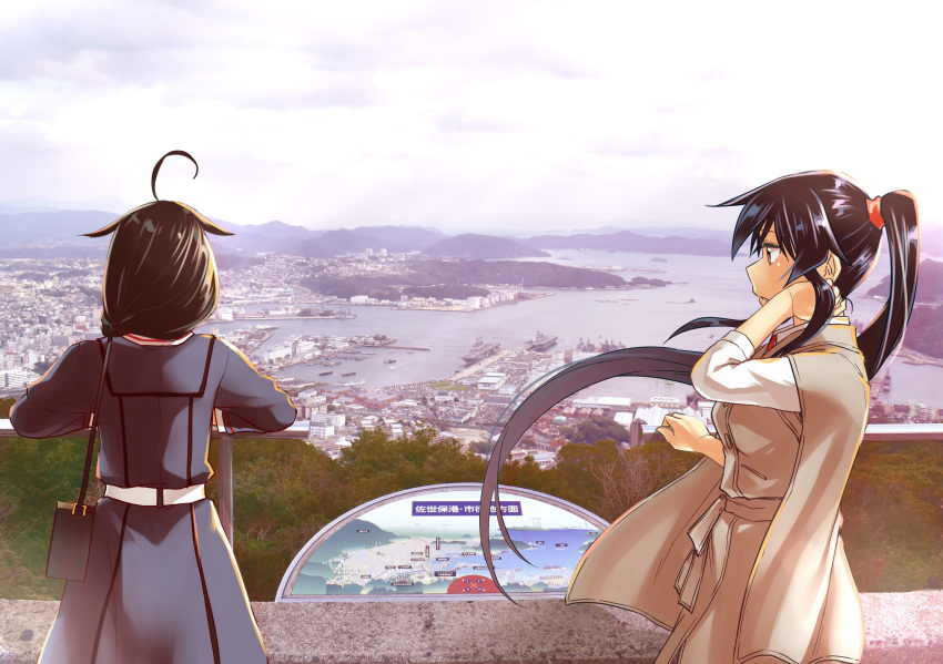 abo_(hechouchou) ahoge black_hair braid cityscape hair_flaps hand_on_own_neck harbor highres kantai_collection looking_away lookout_platform photo_background ponytail red_scrunchie scrunchie shigure_(kantai_collection) yahagi_(kantai_collection)