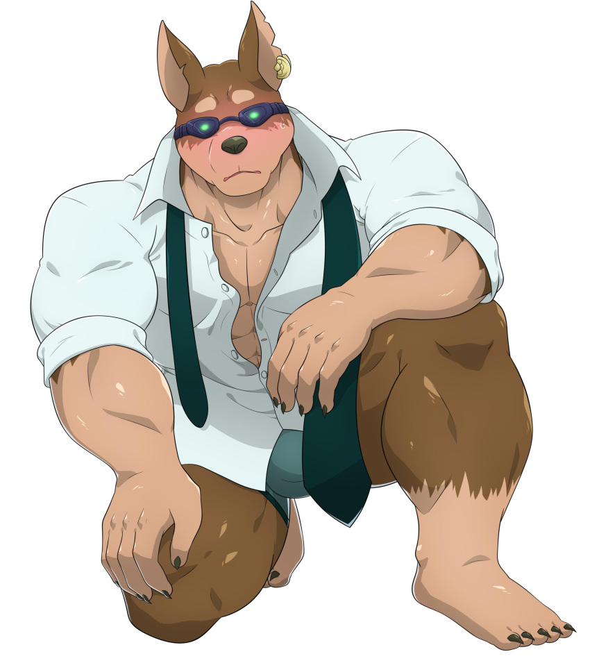 absurd_res blush bottomless canid canine canis clothed clothing doberman domestic_dog eyewear hi_res male mammal muscular muscular_male necktie shirt subaru_aotk sunglasses tokyo_afterschool_summoners underwear video_games xolotl