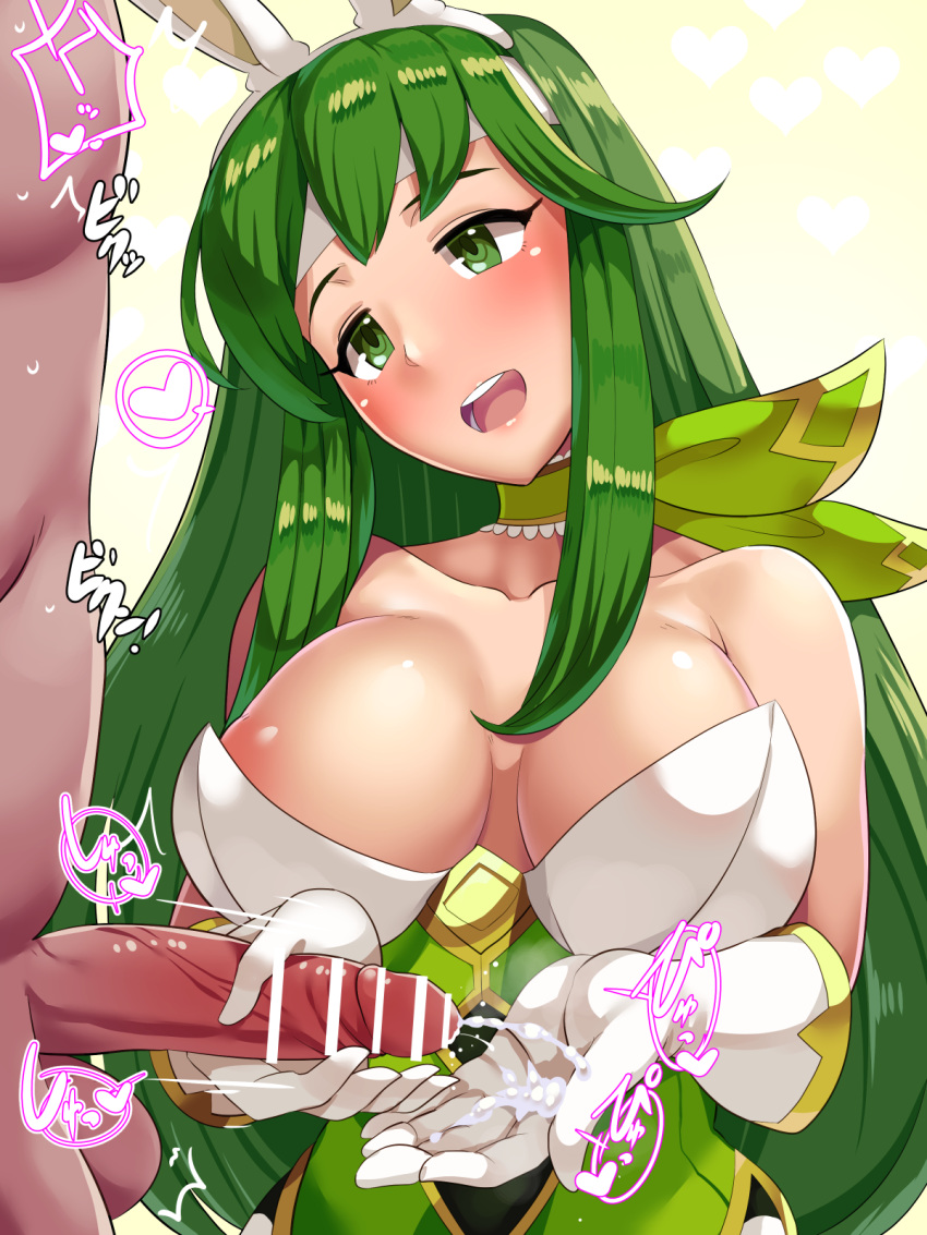 1boy 1girl animal_ears areolae bangs bar_censor blush boris_(noborhys) breasts bunny_ears bunnysuit censored cum cum_on_hand fake_animal_ears fire_emblem fire_emblem:_monshou_no_nazo fire_emblem_heroes gloves green_eyes green_hair handjob highres japanese_text large_breasts long_hair nintendo nipple_slip nipples open_mouth paola penis sidelocks testicles text_focus