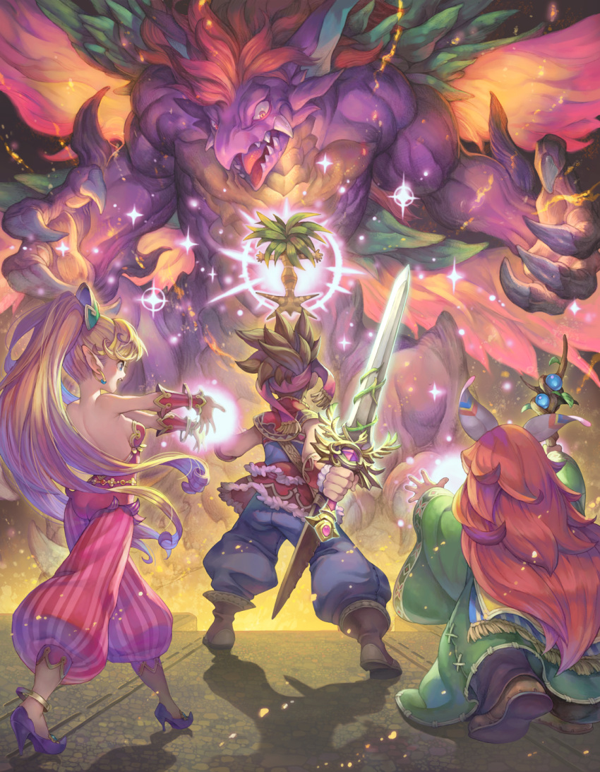 1boy 1girl 1other anklet ass backless_outfit baggy_pants bangle bare_back blonde_hair bracelet bracer breasts brown_hair capelet claws dragon dryad_(seiken_densetsu) faceoff fangs flipped_hair haccan harem_pants headband high_heels highres holding holding_sword holding_weapon jewelry leotard long_hair magic mana_dragon multiple_wings muscle official_art pants pink_leotard pointy_ears pointy_shoes ponytail popoi primm randi red_hair robe seiken_densetsu seiken_densetsu_2 shoes sideboob size_difference small_breasts spiked_hair square_enix strapless strapless_leotard sword weapon wings