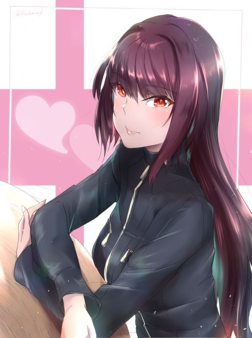 1girl bangs black_jacket brown_hair eyebrows_visible_through_hair fate/grand_order fate_(series) heart highres jacket kuziaaizuk legs_crossed long_hair long_sleeves looking_at_viewer red_eyes scathach_(fate)_(all) scathach_(fate/grand_order) shiny shiny_hair sitting smile solo very_long_hair