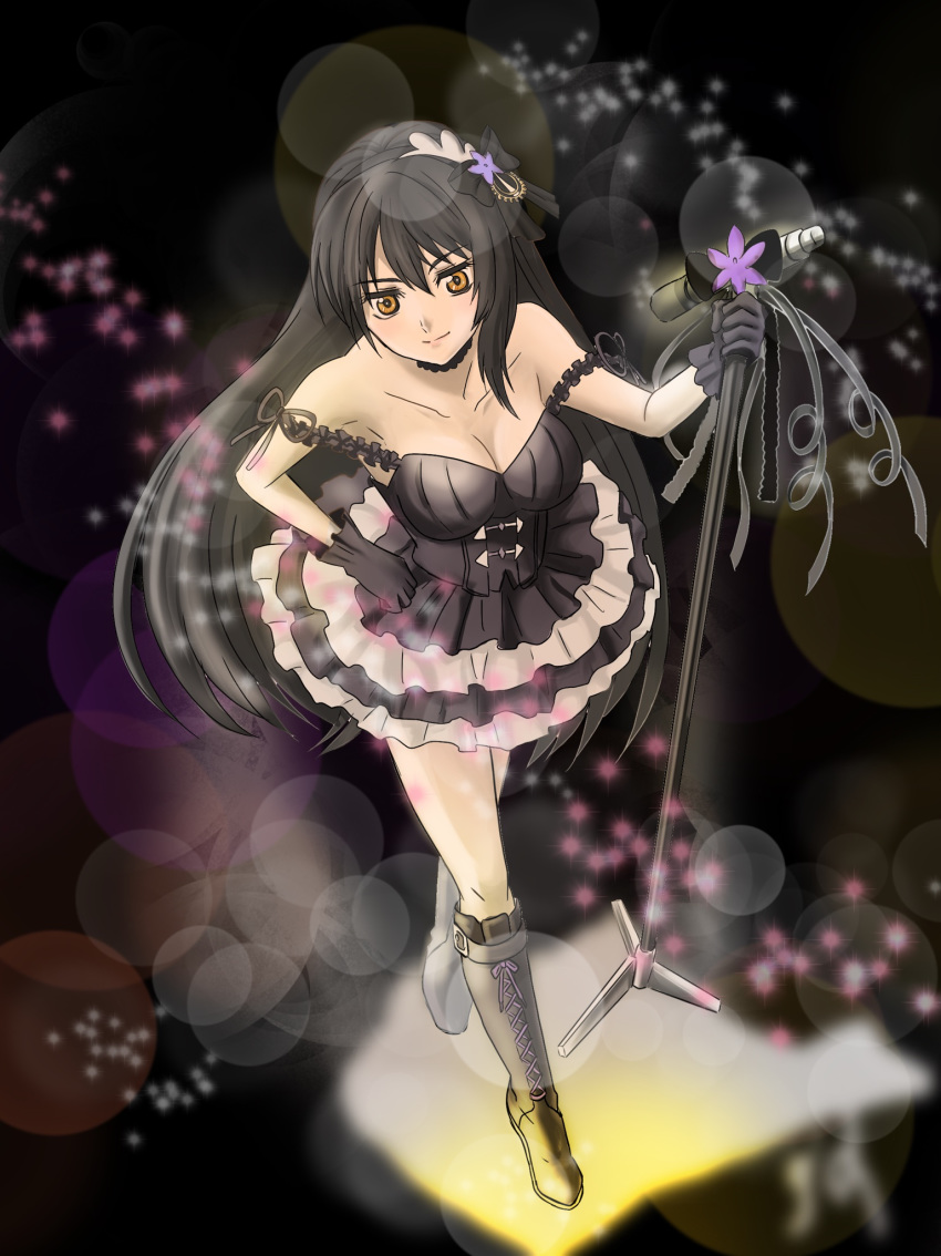 1girl black_footwear black_gloves black_hair boots breasts brown_eyes cleavage collarbone corset cosplay floating_hair flower full_body gloves hair_between_eyes hand_on_hip highres holding_microphone_stand idolmaster idolmaster_cinderella_girls knee_boots kuronuma layered_skirt lens_flare long_hair medium_breasts miniskirt off_shoulder pleated_skirt purple_flower shibuya_rin shibuya_rin_(cosplay) skirt sleeveless smile solo standing tales_of_(series) tales_of_berseria triad_primus velvet_crowe very_long_hair