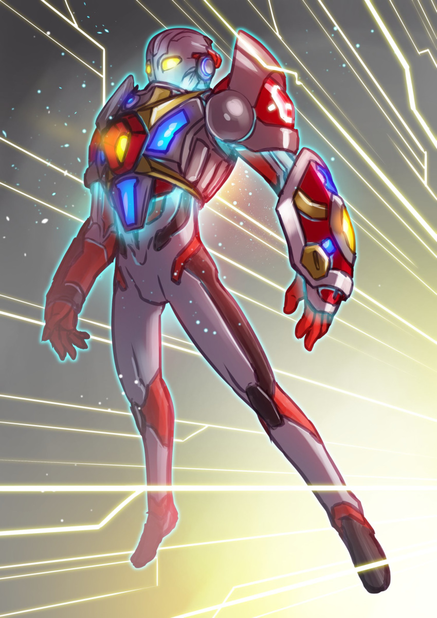 1boy acceptor armor clenched_hands crossover denkou_choujin_gridman gloves glowing glowing_eyes gridman_(character) highres male_focus mugi30007073 multiple_boys no_humans no_pupils shoulder_armor solo tokusatsu ultra_series ultraman_x ultraman_x_(series) yellow_eyes