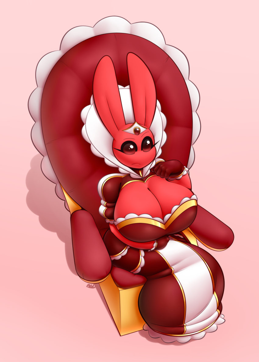 averyshadydolphin big_breasts breasts bunny_(averyshadydolphin) chair cleavage clothed clothing crown dress female frill fur gloves hi_res huge_breasts lagomorph long_ears mammal rabbit red_fur royalty throne