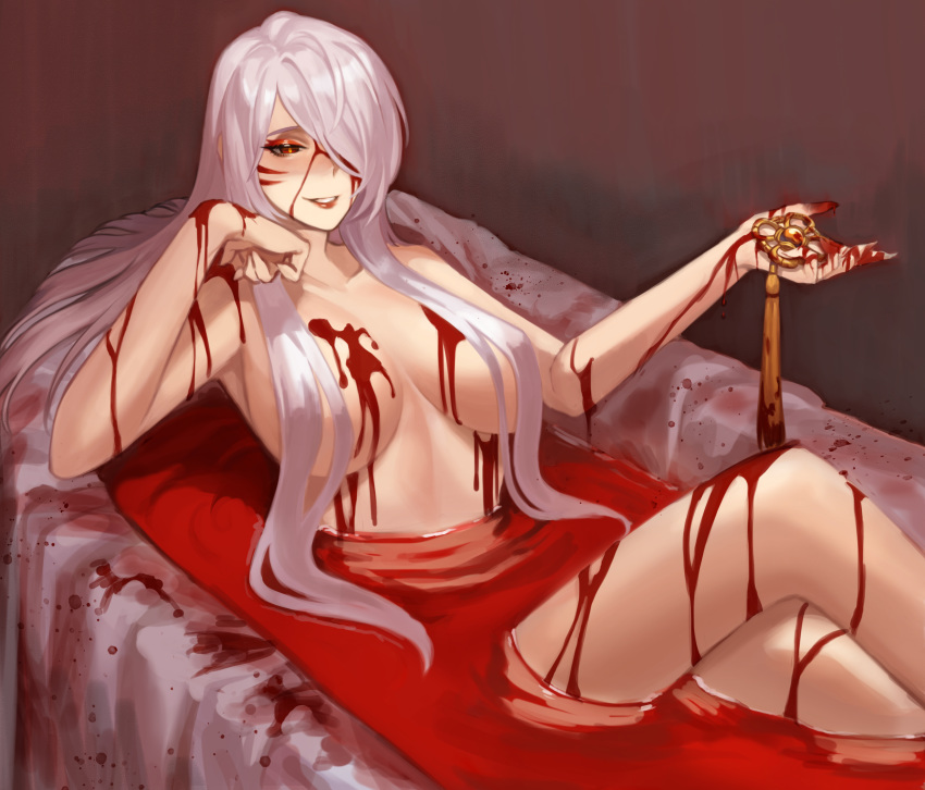 1girl bath bath_of_blood blood calligraphy_brush crest devi_(elsword) elsword eun_(elsword) facial_mark hair_over_one_eye highres on_(isk1812) paintbrush smile white_hair