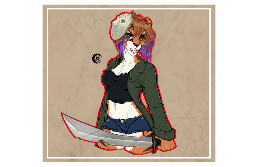 absurd_res anthro clothed clothing facial_piercing felid feline female hi_res kriticalerror lip_piercing looking_at_viewer machete mammal mask melee_weapon navel piercing smile solo weapon