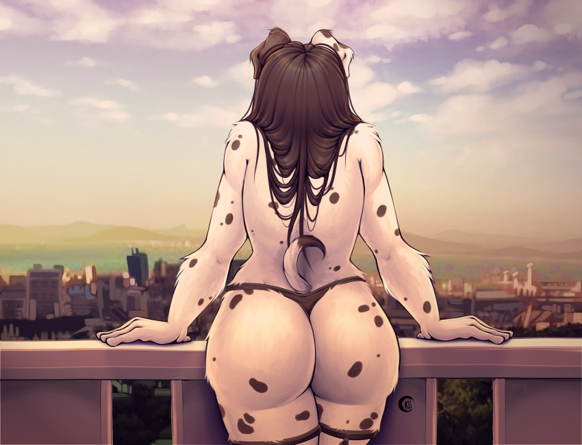 anthro big_butt butt canid canine canis city clothed clothing cloud domestic_dog female hi_res kriticalerror mammal outside panties rear_view solo standing topless underwear