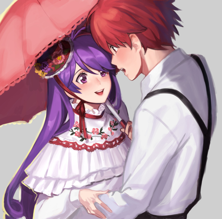 1boy 1girl aether_sage_(elsword) aisha_(elsword) blush calligraphy_brush elsword elsword_(character) hat highres knight_emperor_(elsword) lolita_fashion long_hair mini_hat on_(isk1812) paintbrush purple_eyes purple_hair red_eyes red_hair short_hair smile umbrella