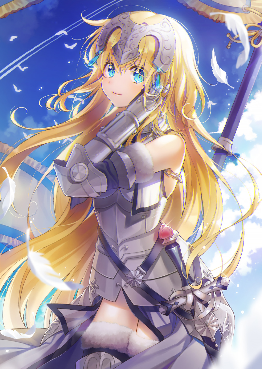 1girl absurdres animal armor armored_boots armored_dress bare_shoulders bird blonde_hair blue_eyes blue_sky blurry boots closed_mouth cloud condensation_trail cowboy_shot day depth_of_field fate/grand_order fate_(series) feathers floating_hair flock fur_trim gauntlets glint hand_on_own_cheek hand_up headgear highres je35353577 jeanne_d'arc_(fate) jeanne_d'arc_(fate)_(all) long_hair looking_at_viewer outdoors sheath sheathed sky smile solo standing sword thighhighs very_long_hair weapon