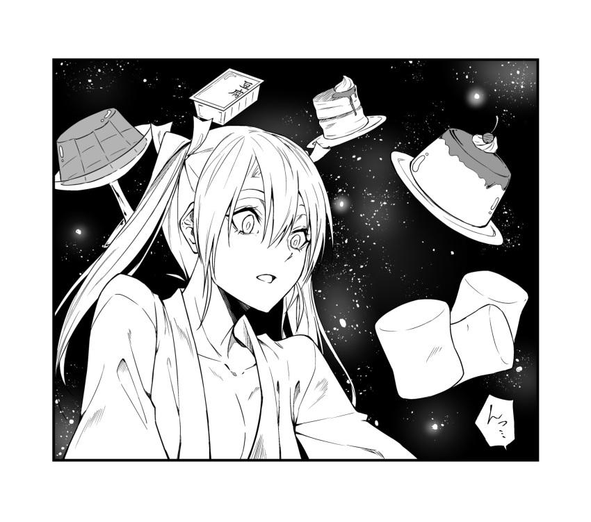 1girl batabata0015 commentary food gelatin highres japanese_clothes kantai_collection long_hair marshmallow monochrome pudding space sponge_cake star twintails universe zuikaku_(kantai_collection)