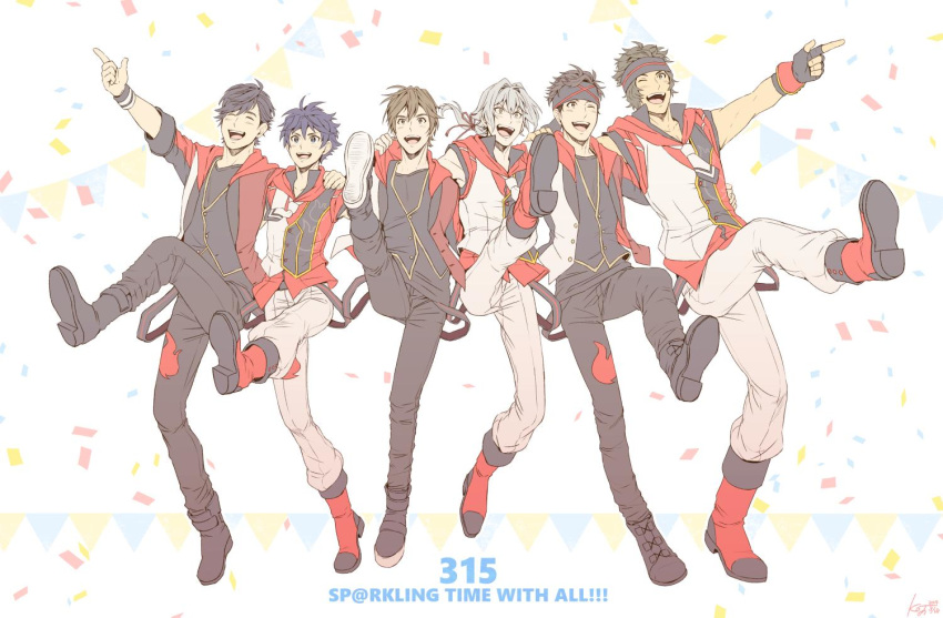 6+boys arm_around_shoulder banner black_hair black_pants brown_hair confetti enjouji_michiru hair_intakes hamano_daiki headband idolmaster idolmaster_side-m kick_line kizaki_ren koji-bread komatsu_shouhei multiple_boys necktie pants physical_star_red ponytail real_life seiyuu_connection silver_hair smile taiga_takeru terashima_junta the_kogado white_neckwear