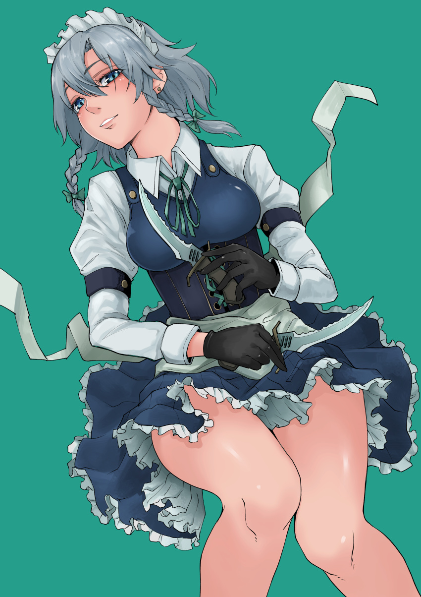 1girl absurdres apron bangs black_gloves blue_dress blue_eyes blush bow braid breasts commentary_request corset dress dual_wielding ear_piercing eyebrows_visible_through_hair feet_out_of_frame gloves green_background green_bow green_neckwear green_ribbon grin hair_between_eyes hair_bow highres holding holding_knife holding_weapon izayoi_sakuya juliet_sleeves knife long_sleeves looking_at_viewer maid maid_apron maid_headdress medium_breasts neck_ribbon omigawa_namari parted_lips petticoat piercing puffy_sleeves ribbon shirt short_dress short_hair silver_hair simple_background smile solo thighs touhou twin_braids waist_apron weapon white_apron white_shirt