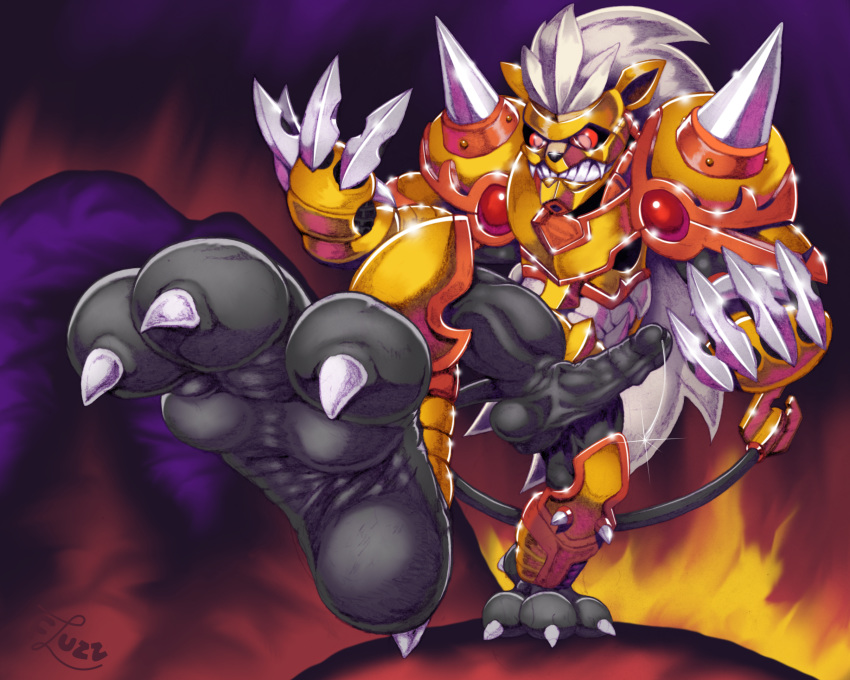 2019 3_toes 5_fingers abs anthro armor balls barefoot biceps biped black_body circumcised claws clothed clothing darkdeath_evilman demon detailed_background digital_drawing_(artwork) digital_media_(artwork) erection fangs feet fire fluzzbuzz foot_focus front_view full-length_portrait gauntlets glans gloves gold_(metal) gold_armor hair headgear headwear helmet hi_res humanoid_penis legwear living_machine long_hair long_tail looking_down machine male monster muscular muscular_male partially_clothed penis portrait precum raised_leg red_eyes robot rock sharp_teeth shiny shoulder_pads signature soles solo standing teeth toe_claws toes vein veiny_penis video_games white_hair z.h.p._unlosing_ranger_vs_darkdeath_evilman