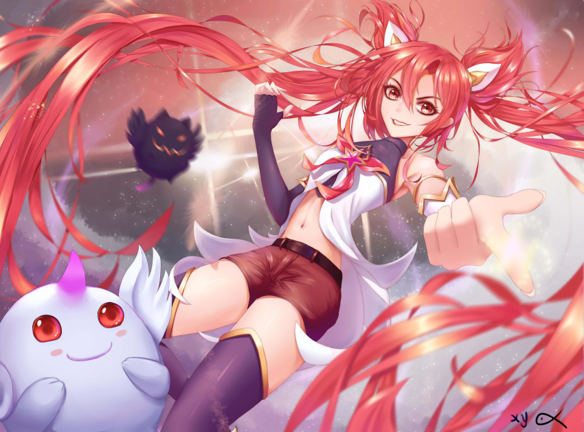 1girl absurdres alternate_costume alternate_hair_color alternate_hairstyle bare_shoulders belt black_gloves bow elbow_gloves fingerless_gloves gloves hair_ornament highres jinx_(league_of_legends) league_of_legends long_hair magical_girl red_bow red_eyes red_hair red_lips red_neckwear short_shorts shorts smile solo star_guardian_(league_of_legends) star_guardian_jinx tied_hair twintails very_long_hair