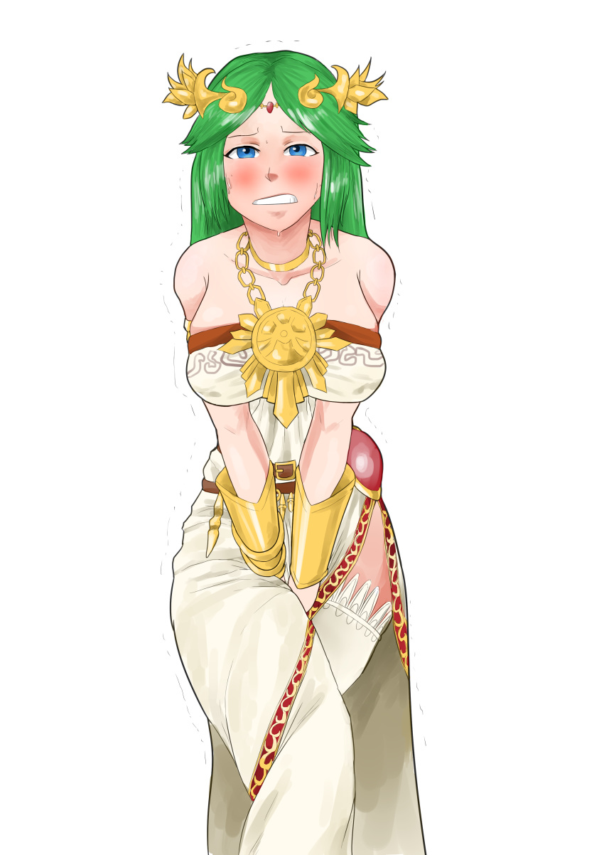 1girl absurdres bare_shoulders belt between_legs biku blue_eyes blush breasts circlet clenched_teeth collarbone dress embarrassed female green_hair hand_between_legs have_to_pee highres jewelry kid_icarus large_breasts long_hair necklace nintendo palutena pelvic_curtain shiny shiny_hair simple_background skindentation solo standing strapless strapless_dress sweat teeth thighhighs trembling v_arms vambraces white_background white_dress white_legwear