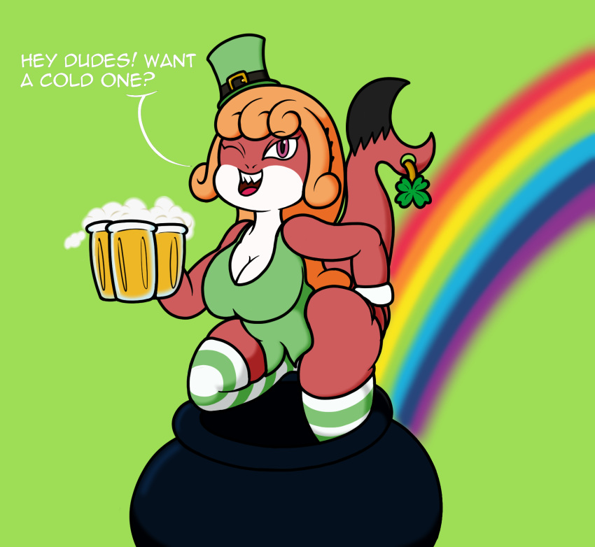 2019 alcohol anthro beer beverage big_breasts breasts clothed clothing digital_media_(artwork) female fish hair hi_res holidays legwear looking_at_viewer mammal marine moaina mr.under open_mouth piercing rainbow shark short_stack simple_background smile solo st._patrick's_day teeth text thick_thighs wide_hips