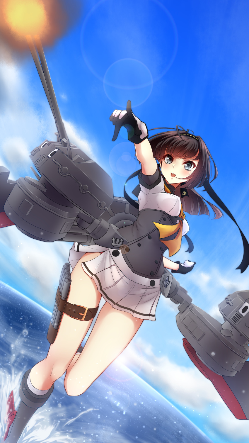 1girl absurdres ahoge akizuki_(kantai_collection) black_hair blue_eyes blue_sky blush boots breasts chou-10cm-hou-chan cloud corset day gloves hachimaki hair_ornament hairband headband highres kantai_collection lens_flare long_hair looking_at_viewer machinery neckerchief nuka_(nvkka) ocean open_mouth outdoors pleated_skirt ponytail rigging rudder_footwear school_uniform serafuku short_hair skirt sky smile solo splashing standing standing_on_one_leg thigh_strap