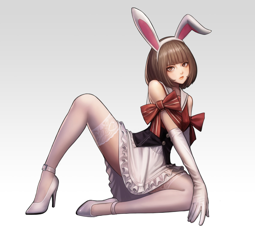 1girl absurdres animal_ears bangs bangs_pinned_back blunt_bangs bow breasts brown_hair bunny_ears gloves highres jungon_kim looking_at_viewer original red_bow short_hair simple_background solo white_gloves white_legwear