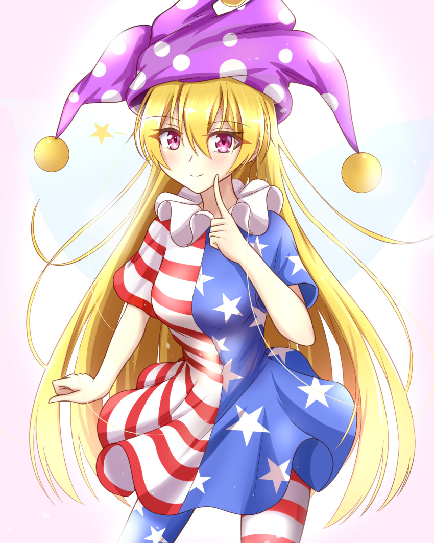 1girl american_flag_dress american_flag_legwear bangs blonde_hair blue_dress blue_legwear blush breasts clenched_hand clownpiece commentary_request cowboy_shot dress eyebrows_visible_through_hair fairy_wings finger_to_cheek gradient gradient_background hair_between_eyes hand_up hat highres index_finger_raised jester_cap long_hair looking_at_viewer medium_breasts musteflott419 neck_ruff pantyhose pink_background pink_eyes polka_dot polka_dot_hat purple_headwear red_dress red_legwear short_dress short_sleeves smile solo standing star star_print striped striped_dress striped_legwear thighs touhou very_long_hair white_background white_dress white_legwear wings