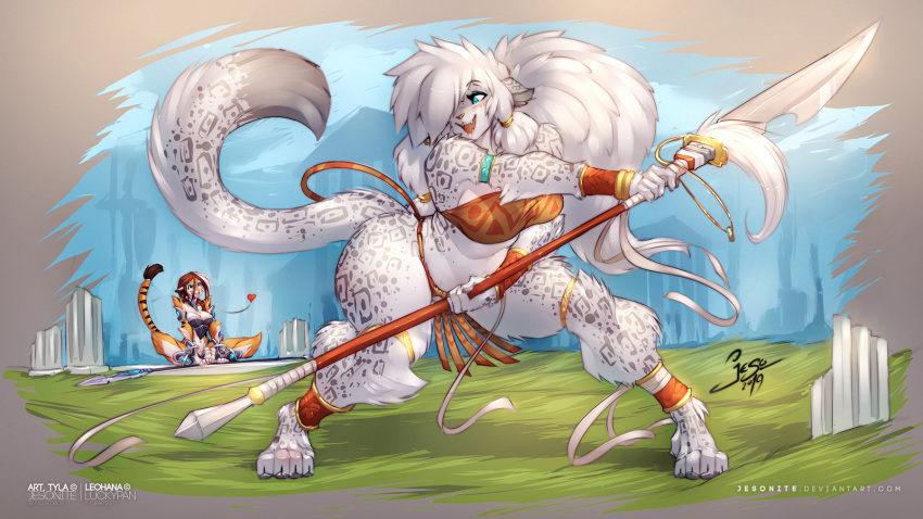 2019 anthro big_breasts blue_eyes breasts clothed clothing day digital_media_(artwork) duo felid female fur hair hi_res holding_object holding_weapon jesonite leopard mammal outside pantherine spots spotted_fur standing tiger weapon white_hair