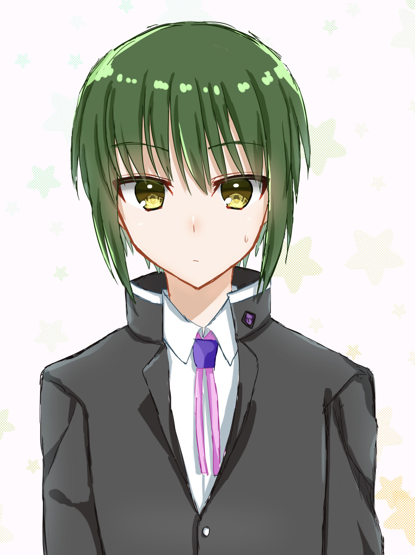 1boy absurdres angel_beats! bangs black_jacket closed_mouth expressionless eyebrows_visible_through_hair eyes_visible_through_hair green_hair hair_between_eyes headgear highres jacket key_(company) long_sleeves looking_at_viewer naoi_ayato open_eyes popped_collar ribbon school_uniform shirt short_hair simple_background solo sweatdrop white_background white_shirt yellow_eyes zuzuhashi