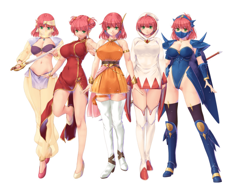 5girls ahoge arabian_clothes armlet armor bandeau bangs bare_shoulders black_legwear blue_armor blue_leotard boots bracelet bracer breasts china_dress chinese_clothes cleavage closed_mouth covered_navel double_bun dragoon_(final_fantasy) dress earrings eyebrows_visible_through_hair final_fantasy final_fantasy_v full_body gold green_eyes hair_ornament highleg highleg_leotard holding holding_sword holding_weapon hood hood_up hooded_dress jewelry kirishima_satoshi large_breasts leg_up lenna_charlotte_tycoon leotard long_sleeves monk_(final_fantasy) multiple_girls multiple_persona mystic_knight navel orange_dress pauldrons pink_footwear pink_hair red_dress scimitar see-through shoes short_dress short_hair simple_background sleeveless sleeveless_dress standing standing_on_one_leg sword thigh_boots thigh_gap thigh_strap thighhighs underboob veil weapon white_background white_dress white_mage zettai_ryouiki