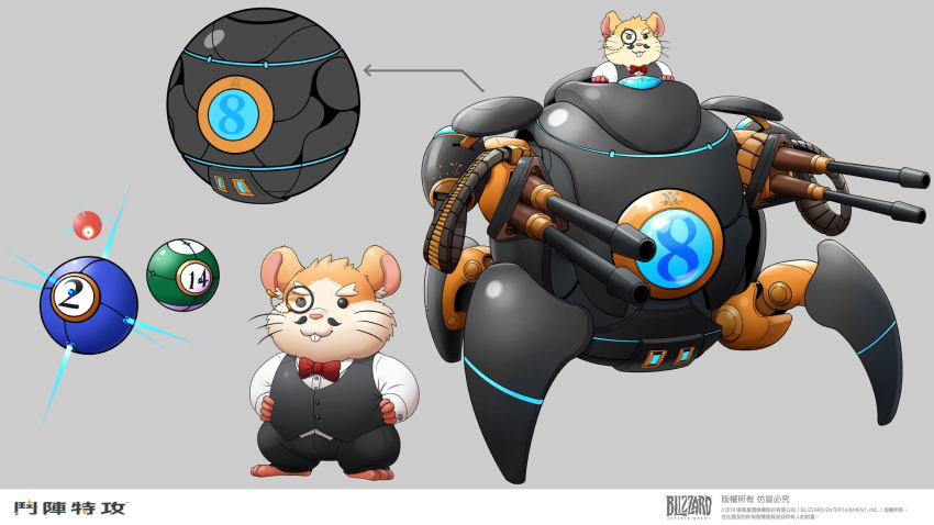 anthro blizzard_entertainment buckteeth classy clothed clothing cue_ball eyewear fully_clothed h155296 hammond_(overwatch) hamster hi_res looking_at_viewer machine mammal monocle overwatch pool_ball robot rodent simple_background smile teeth video_games