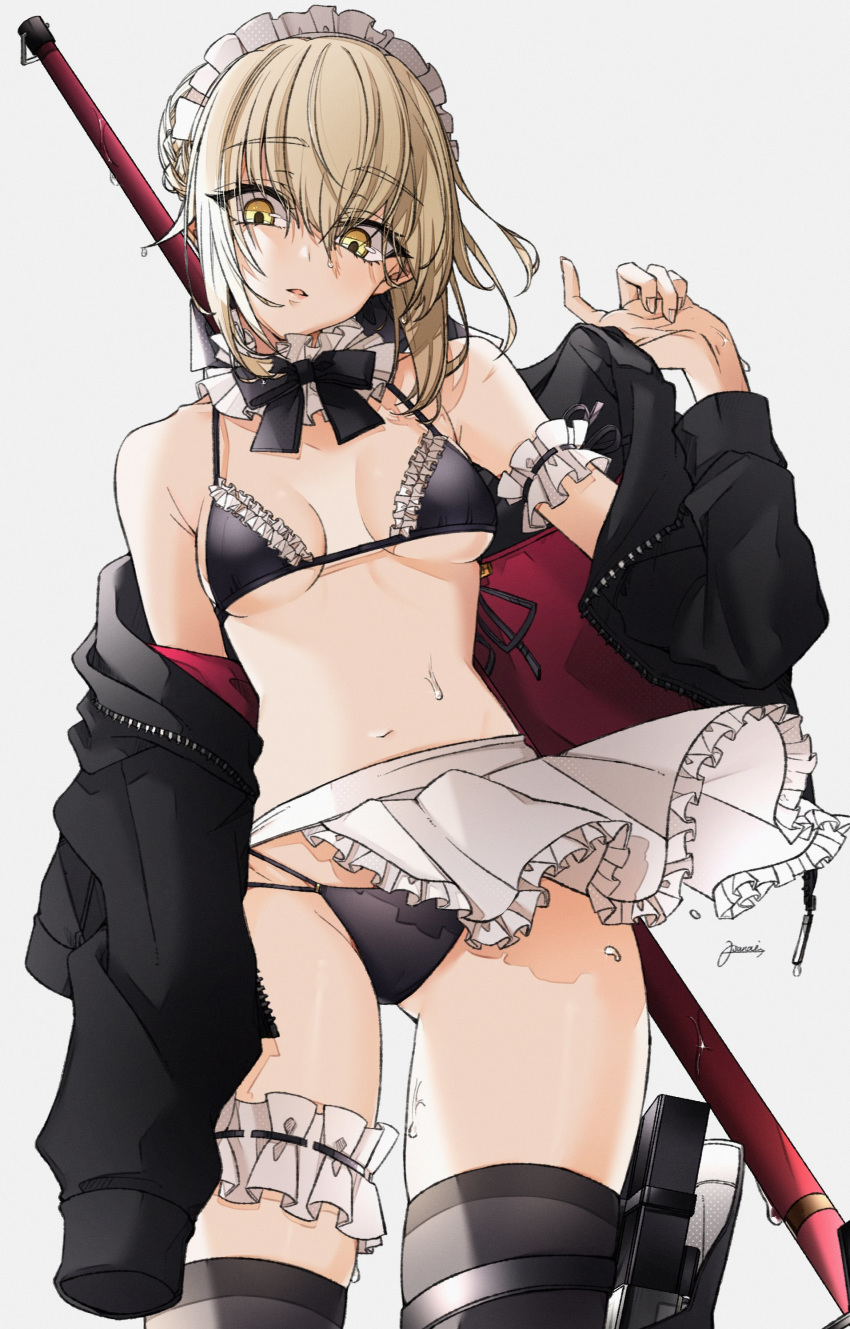 1girl absurdres apron artoria_pendragon_(all) artoria_pendragon_(swimsuit_rider_alter) bare_shoulders bikini black_bikini black_legwear black_neckwear blonde_hair bow bowtie braid breasts collarbone commentary_request eyebrows_visible_through_hair fate/grand_order fate_(series) frills from_below highres jacket looking_at_viewer maid maid_bikini maid_cap maid_headdress medium_breasts mismatched_legwear navel off_shoulder osanai short_hair signature simple_background solo swimsuit thighhighs water weapon weapon_on_back white_background white_neckwear yellow_eyes