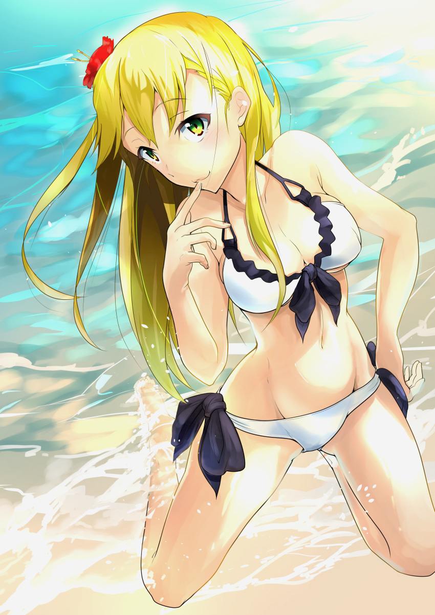 1girl absurdres beach blonde_hair breasts cleavage gamers! green_eyes hair_ornament hair_ribbon highres long_hair looking_at_viewer ocean ribbon simple_background solo swimsuit tendou_karen xarikax