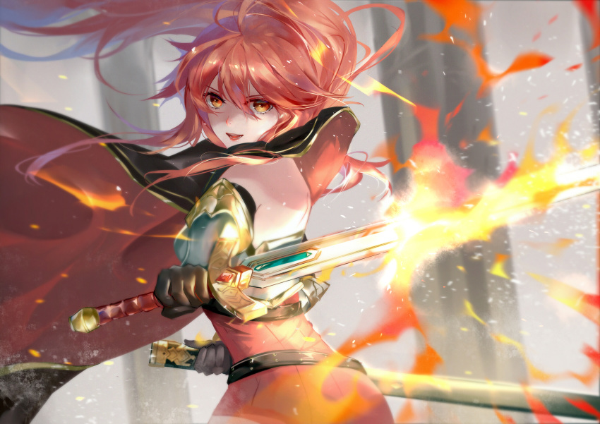 armor brown_eyes cape epic7 gloves long_hair ponytail sword tagme_(character) vardan weapon