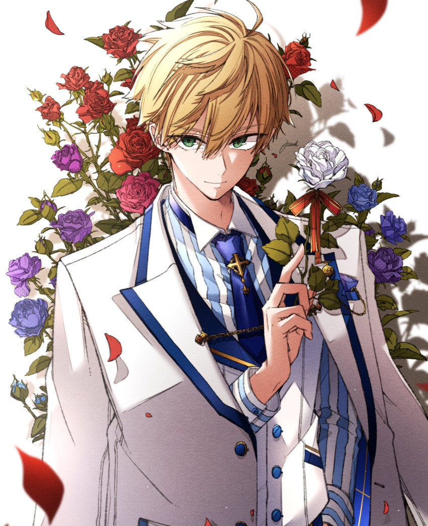 1boy arthur_pendragon_(fate) blue_flower blue_neckwear blue_rose coat fate/grand_order fate_(series) floral_arch flower formal green_eyes hair_between_eyes highres holding holding_flower looking_at_viewer male_focus necktie osanai purple_flower purple_rose red_flower red_rose rose shadow smile solo striped suit vertical_stripes vest white_flower white_rose white_rose_(fate/grand_order) white_suit