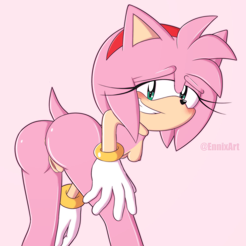 amy_rose anthro anus bent_over blush bracelet breasts butt clothing ennix eulipotyphlan eyelashes female gloves green_eyes grin hairband hedgehog hi_res jewelry long_eyelashes looking_back mammal nipples nude pink_background presenting presenting_hindquarters pussy shy simple_background smile solo sonic_(series)