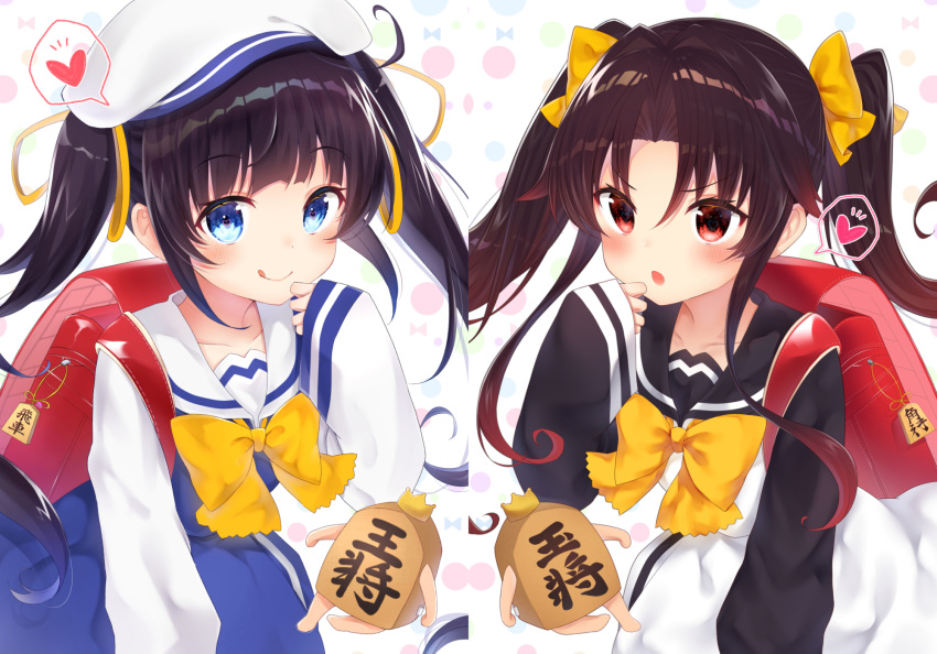 2girls alternate_hairstyle backpack bag bangs beret black_sailor_collar black_shirt blue_dress blue_eyes blush bow brown_hair closed_mouth commentary_request crown dress eyebrows_visible_through_hair gradient_hair gyozanuko hair_between_eyes hair_bow hair_ribbon hat heart highres hinatsuru_ai long_hair long_sleeves mini_crown multicolored_hair multiple_girls parted_bangs parted_lips randoseru red_eyes red_hair ribbon ryuuou_no_oshigoto! sailor_collar sailor_dress shirt shougi_piece sleeveless sleeveless_dress sleeves_past_wrists smile spoken_heart twintails very_long_hair white_dress white_headwear white_sailor_collar white_shirt yashajin_ai yellow_bow yellow_ribbon