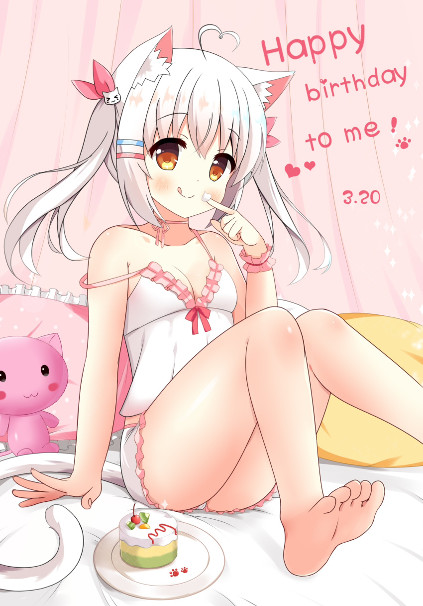 &gt;_&lt; 1girl :q ahoge animal_ear_fluff animal_ears bangs bare_arms bare_legs bare_shoulders barefoot blush breasts brown_eyes cake camisole cat_ears cat_girl cat_hair_ornament cat_tail cleavage closed_mouth collarbone commentary_request dated eyebrows_visible_through_hair eyes_closed feet fingernails food food_on_finger frilled_pillow frills hair_between_eyes hair_ornament hair_ribbon hand_up happy_birthday heart heart_ahoge highres legs long_hair original pillow plate red_ribbon ribbon short_shorts shorts silver_hair sitting small_breasts smile soles solo strap_slip stuffed_animal stuffed_cat stuffed_toy tail tongue tongue_out twintails white_camisole white_shorts wrist_cuffs xiaosamiao
