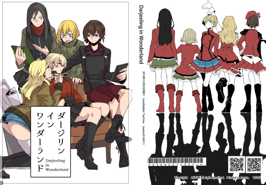 5girls alternate_costume ankle_boots arm_support arm_up armchair arms_behind_back asuka_(junerabitts) back_cover bangs barcode beret black_footwear black_hair black_jacket black_legwear black_skirt black_vest blonde_hair blue_eyes blue_shorts blue_sky boots braid brown_jacket chair character_name closed_mouth commentary_request cover cover_page cross-laced_footwear darjeeling denim denim_shorts doujin_cover dress_shirt emblem english_text epaulettes eyes_closed facing_away frilled_jacket frilled_skirt frills from_above frown girls_und_panzer green_jacket green_jumpsuit green_skirt hand_on_another's_shoulder hand_on_hip hands_on_hips hat holding_brush holding_tablet_pc idol jacket katyusha kay_(girls_und_panzer) kneeling kuromorimine_military_uniform leaning_forward leg_up legs_crossed long_hair long_sleeves looking_at_another looking_at_viewer looking_back military military_uniform miniskirt multiple_girls nishizumi_maho nonna on_chair open_mouth pleated_skirt pravda_military_uniform print_skirt red_footwear red_headwear red_jacket red_shirt red_skirt shadow shirt short_hair short_jumpsuit short_shorts shorts single_horizontal_stripe sitting skirt sky sleeping smile socks st._gloriana's_military_uniform standing standing_on_one_leg swept_bangs tablet_pc thighhighs tied_hair turtleneck uniform vest white_legwear wrist_cuffs