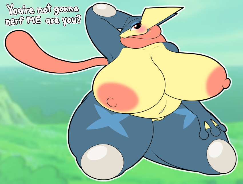 2019 absurd_res amphibian anthro anthrofied areola bds_charmeleon big_areolas big_breasts big_eyes breasts cute_eyes cute_smile dialogue digital_media_(artwork) english_text female frog fur greninja hi_res huge_breasts nintendo nipples nude overweight pok&eacute;mon pok&eacute;mon_(species) pussy simple_background text thick_thighs video_games voluptuous wide_hips