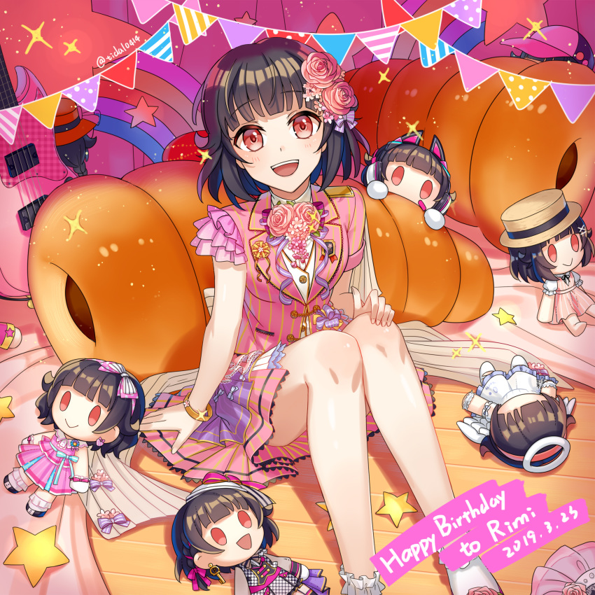 0_0 1girl :d back_bow bang_dream! bangs baseball_cap bass_guitar black_hair blue_ribbon bow bracelet cat_ear_headphones character_doll character_name chocolate_cornet commentary_request dated dress earrings english_text flower food frilled_legwear frills hair_bow hair_flaps hair_flower hair_ornament hairband halo hand_on_own_knee happy_birthday hat headphones highres instrument jewelry mujun_atama neck_ribbon open_mouth pink_dress pink_flower pink_rose purple_neckwear rainbow red_eyes ribbon rose short_hair sitting smile solo sparkle star string_of_flags striped twitter_username ushigome_rimi vertical-striped_dress vertical_stripes white_legwear