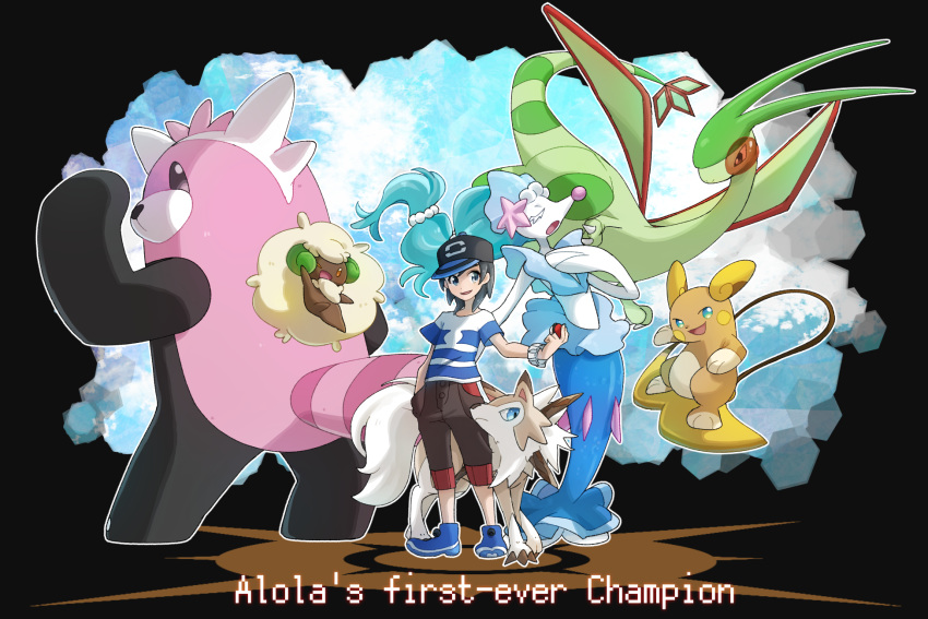 1boy alolan_form alolan_raichu baseball_cap bewear black_background black_hair black_headwear cottonee creature creatures_(company) english_text flygon game_freak gen_1_pokemon gen_3_pokemon gen_5_pokemon gen_7_pokemon hat highres holding holding_poke_ball looking_at_viewer lycanroc miu_(miuuu_721) nintendo poke_ball poke_ball_(generic) pokemon pokemon_(creature) pokemon_(game) pokemon_sm pokemon_trainer primarina raichu shirt simple_background standing t-shirt you_(pokemon)